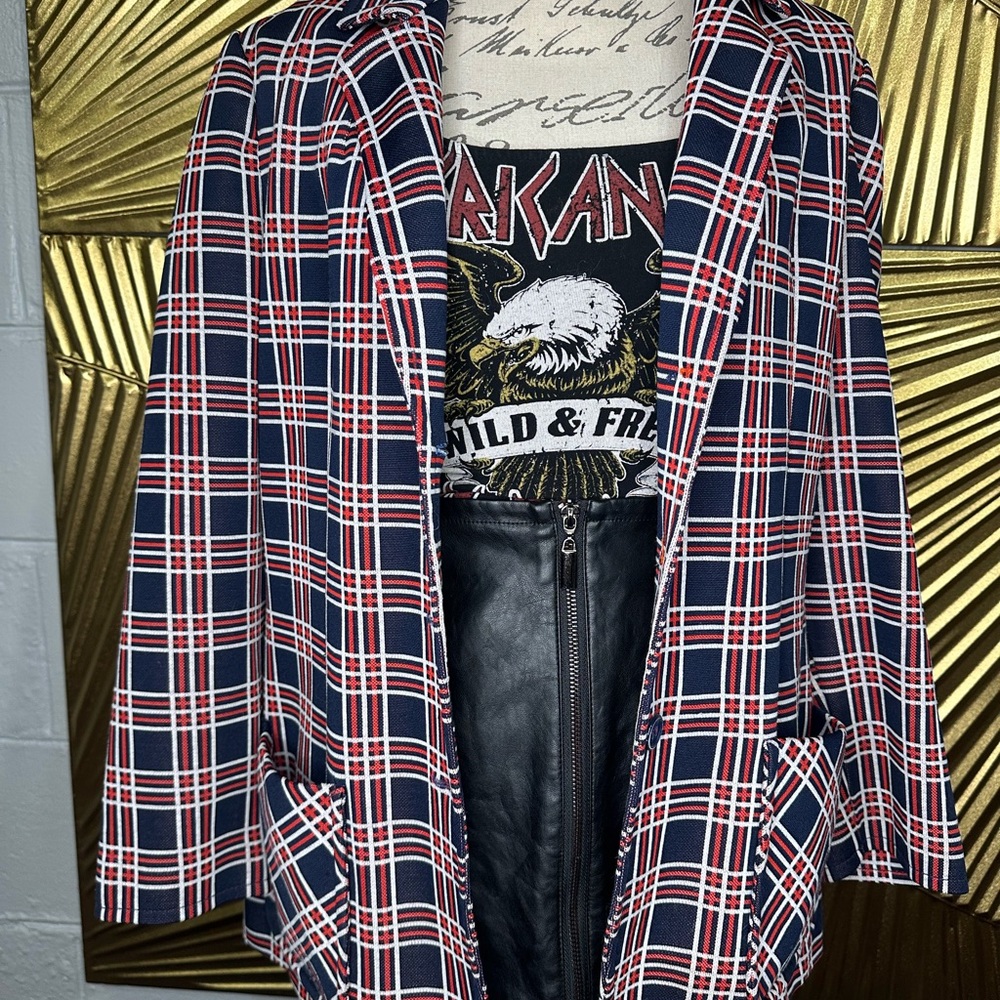 Vintage Act III Navy Blue Red Plaid Dacron Polyester Jacket/Blazer